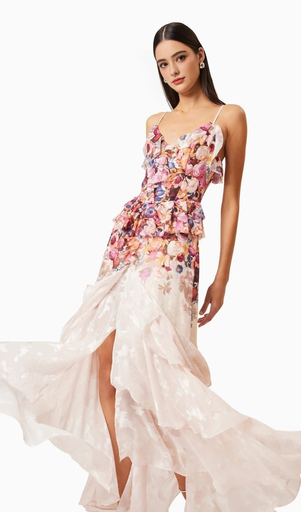 Perla Irregular floral print maxi dress in pink red