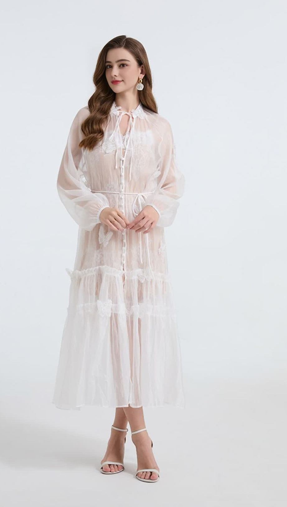 SEE-THROUGH BLOUSE MAXI DRESS WITH LACE SKIRT IN WHITE
