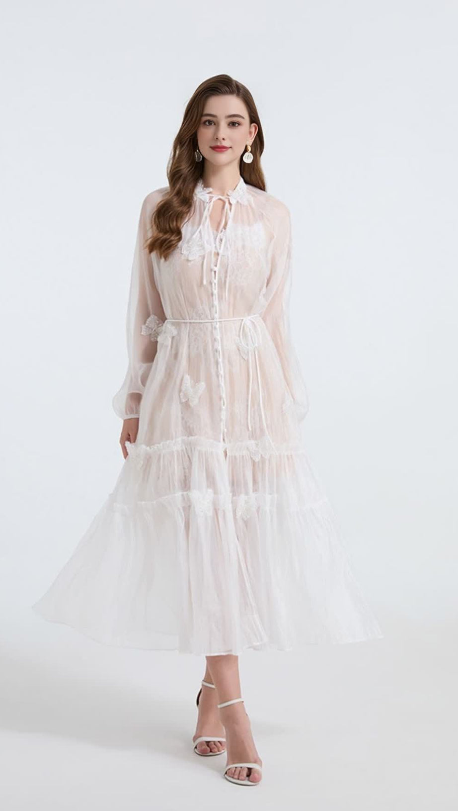 SEE-THROUGH BLOUSE MAXI DRESS WITH LACE SKIRT IN WHITE
