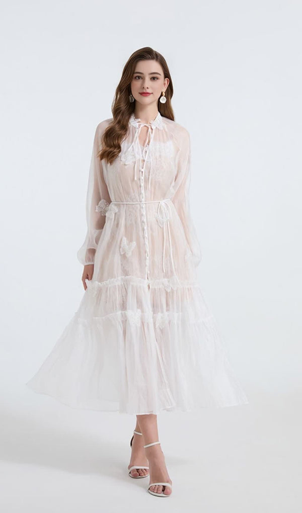 See-through blouse maxi dress with lace skirt in white