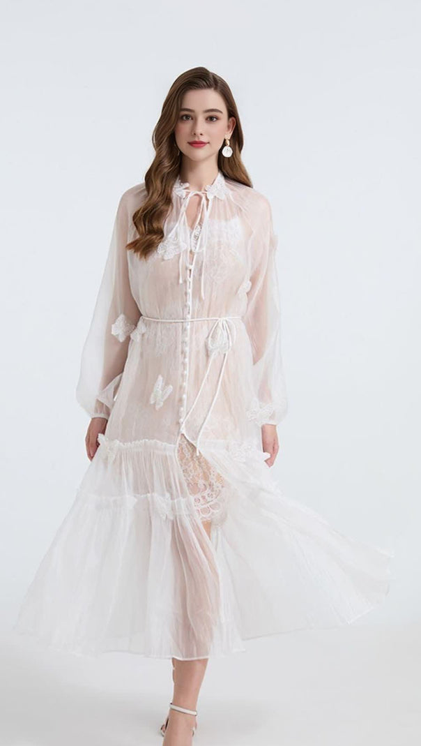 AIIZIE SEE-THROUGH BLOUSE MAXI DRESS WITH LACE SKIRT IN WHITE - product image