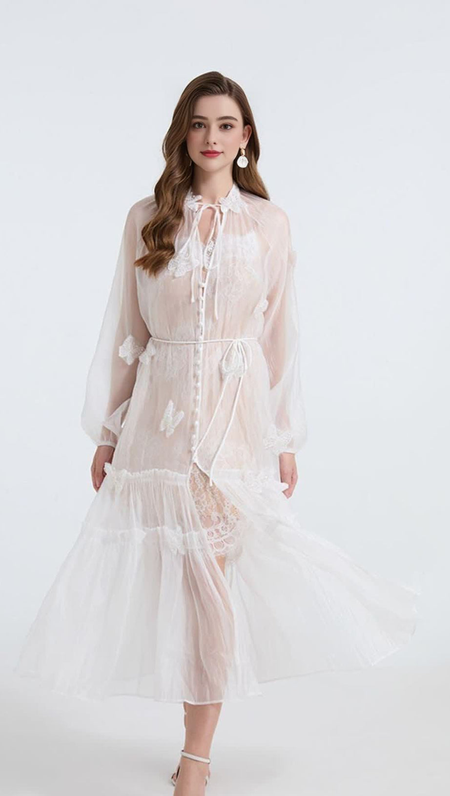 Transparentes Blusen-Maxikleid mit Spitzenrock in Weiß
