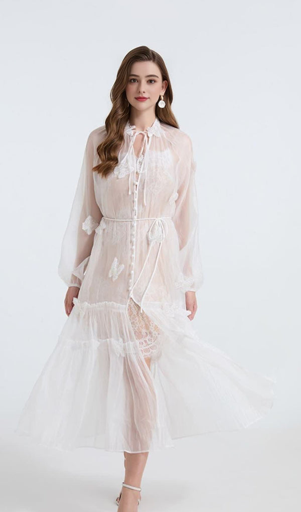 See-through blouse maxi dress with lace skirt in white