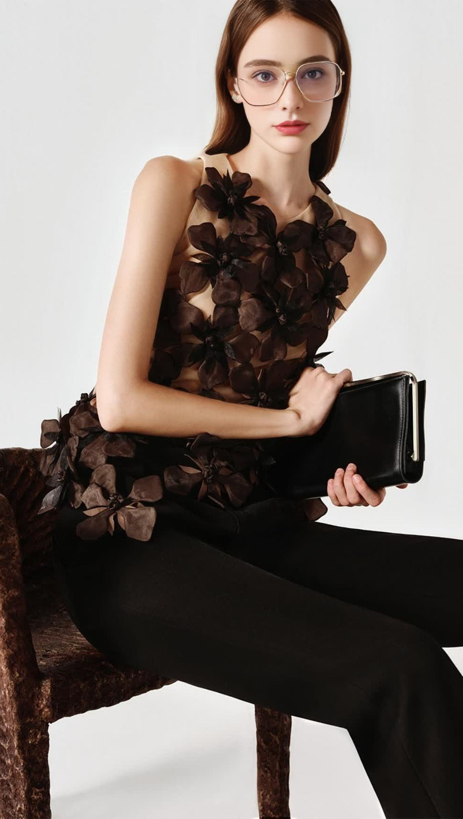 Moyer – Figurbetontes Tülltop mit Blumenapplikation in Schwarz