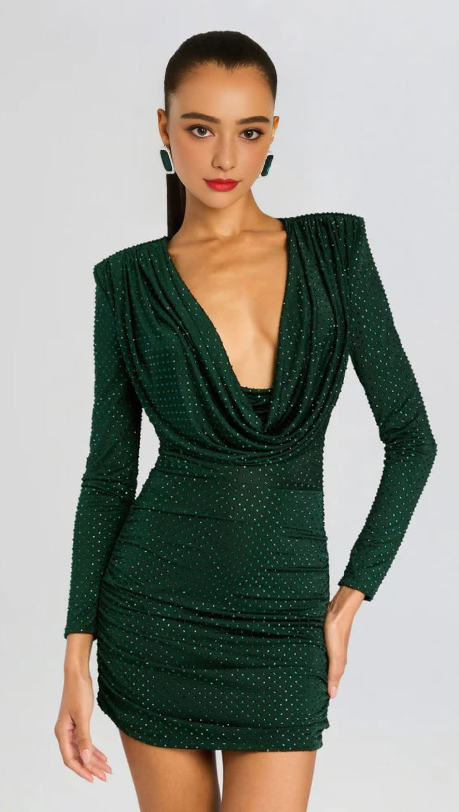 ERIX CRYSTAL EMBELLISHED DRAPED MINI DRESS IN GREEN