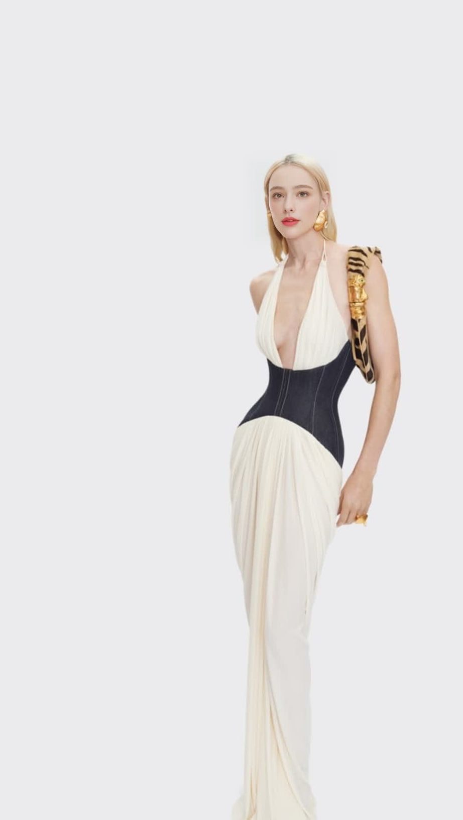 DARYLE HALTER DENIM CORSET RUCHED MAXI DRESS