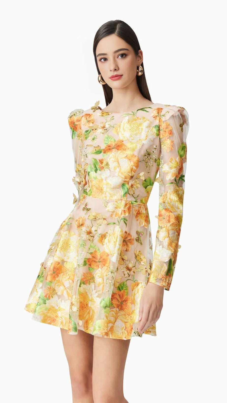 AELLA A-LINE FLORAL EMBROIDERY MINI DRESS IN YELLOW