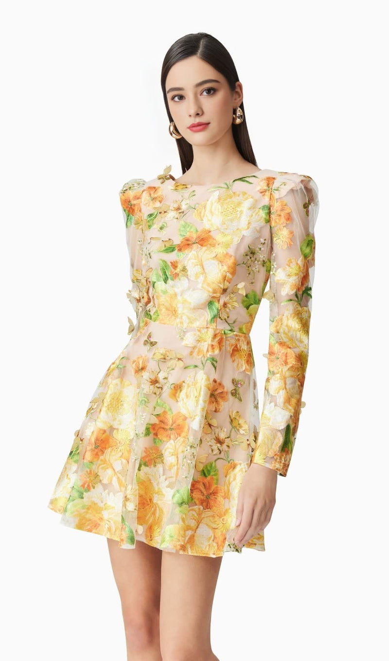 Aella A-Line floral embroidery Mini Dress in Yellow
