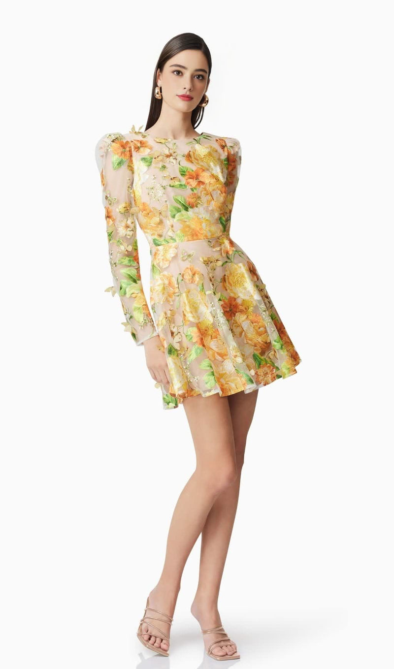 Aella A-Line floral embroidery Mini Dress in Yellow