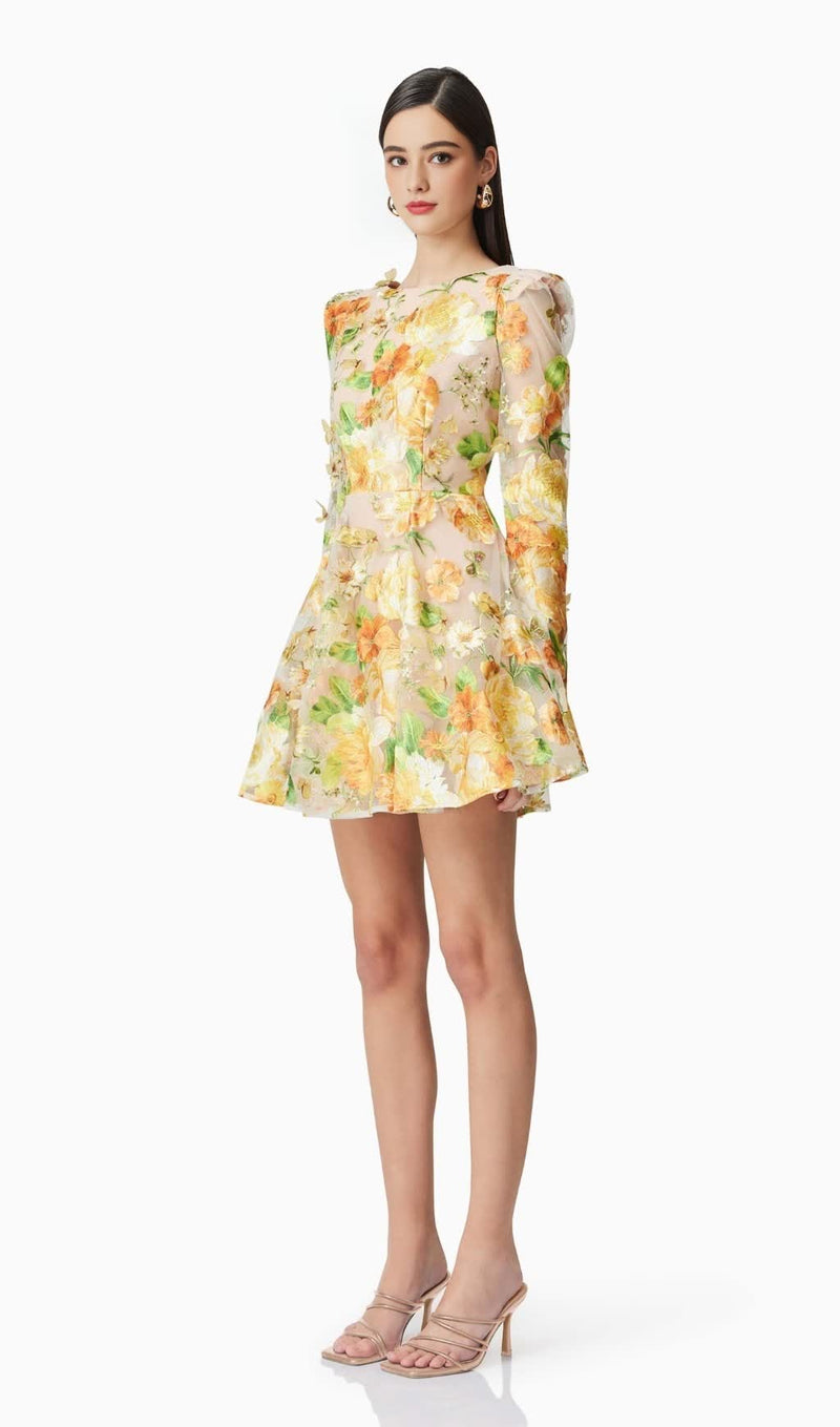 Aella A-Line floral embroidery Mini Dress in Yellow