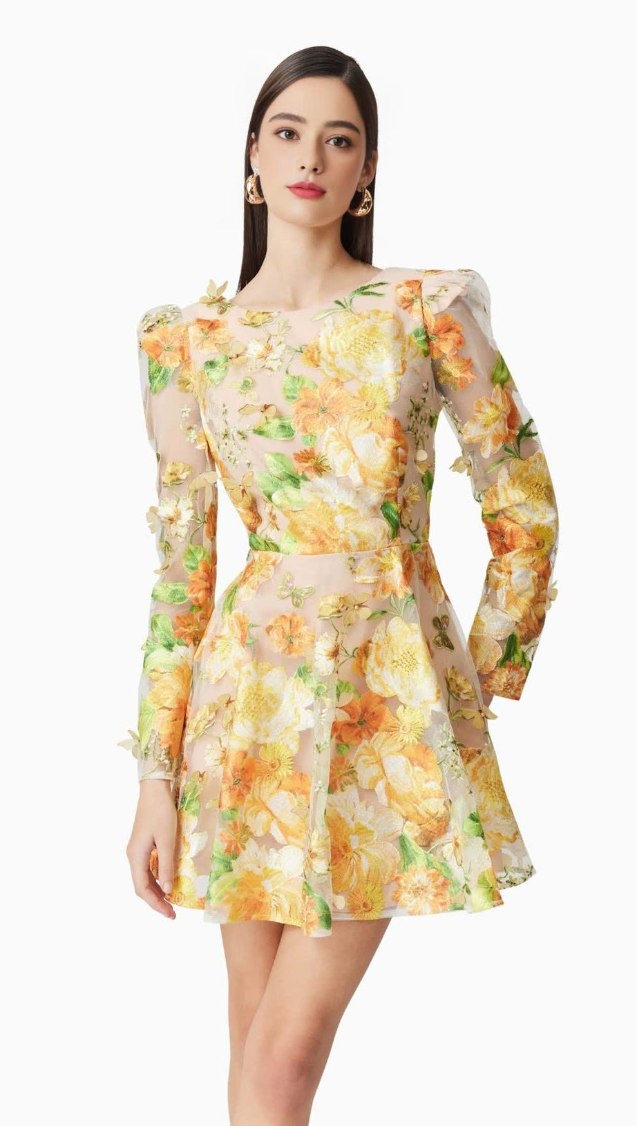AELLA A-LINE FLORAL EMBROIDERY MINI DRESS IN YELLOW