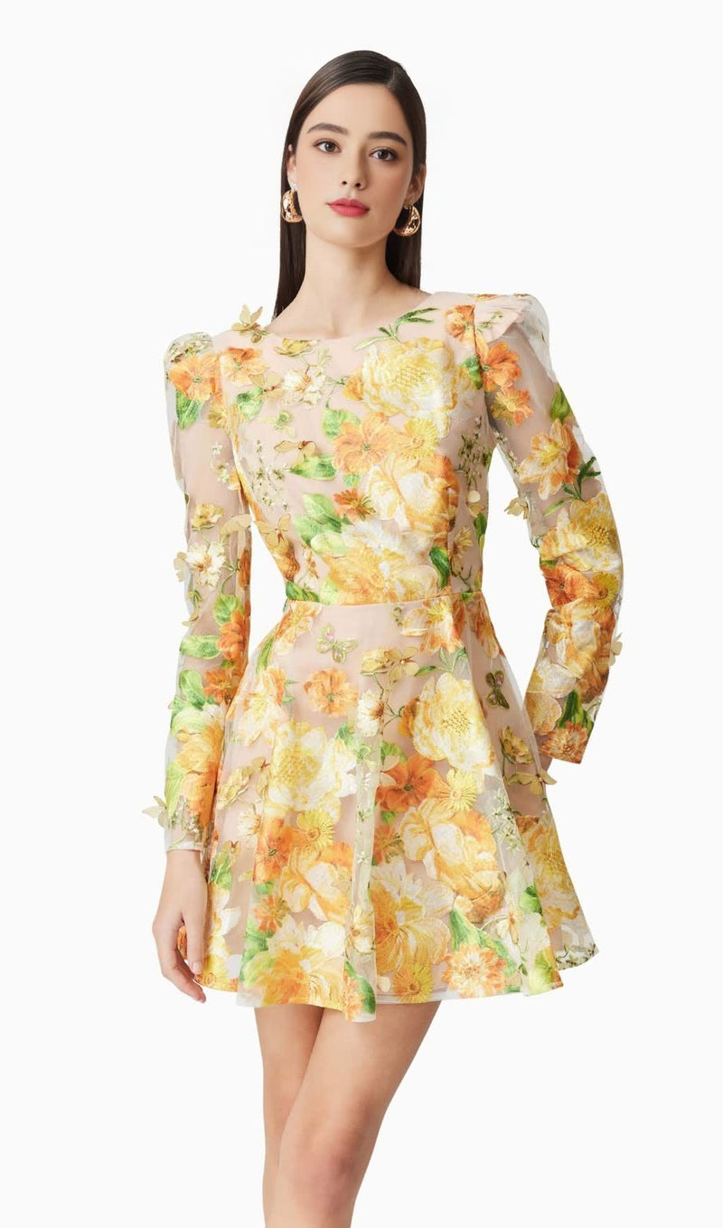 Aella A-Line floral embroidery Mini Dress in Yellow