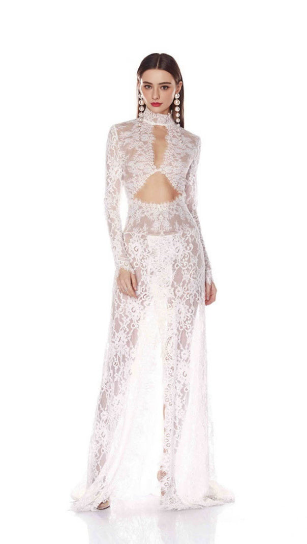 AIIZIE V-NECK LONG-SLEEVED LACE SHEER MAXI DRESS WHITE - product image