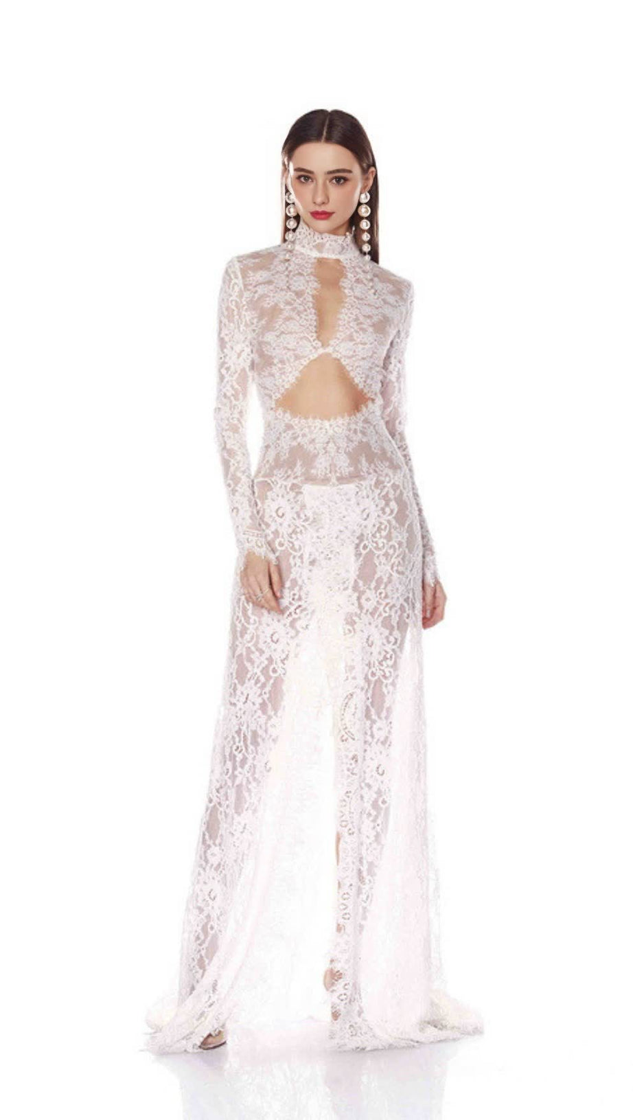 V-NECK LONG-SLEEVED LACE SHEER MAXI DRESS WHITE