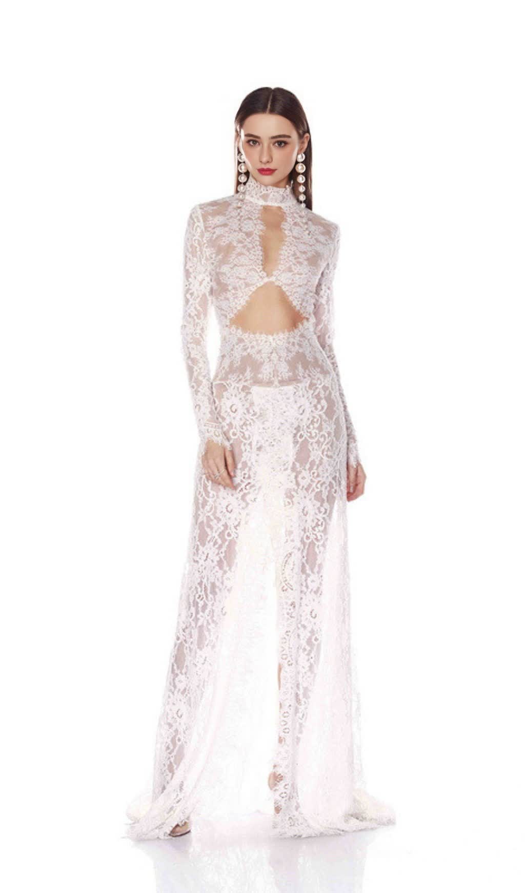 V-NECK LONG-SLEEVED LACE SHEER MAXI DRESS WHITE