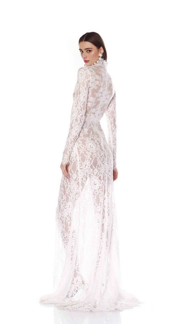 AIIZIE V-NECK LONG-SLEEVED LACE SHEER MAXI DRESS WHITE - product image