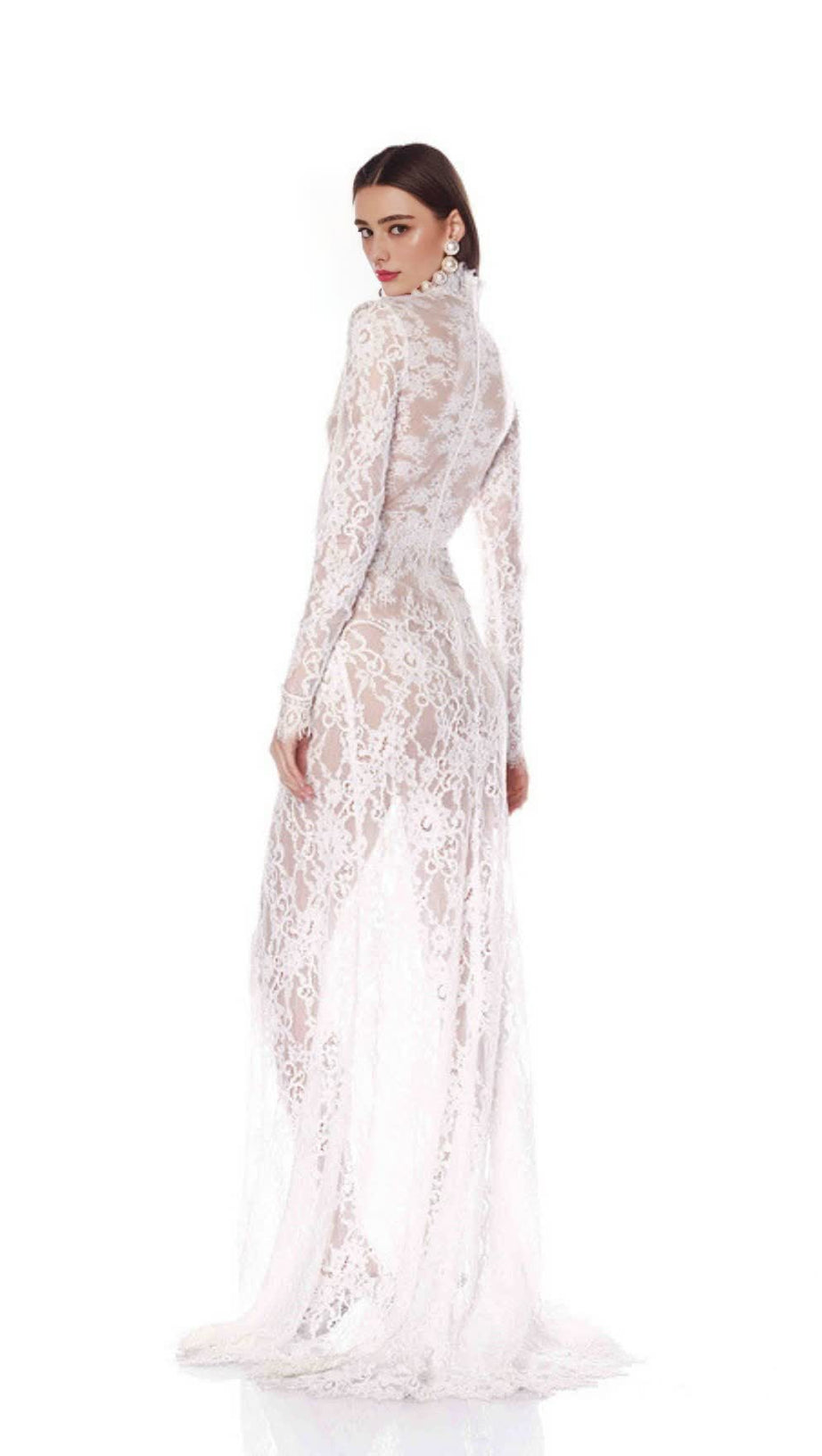 V-NECK LONG-SLEEVED LACE SHEER MAXI DRESS WHITE