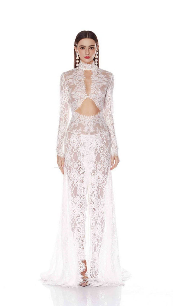 AIIZIE V-NECK LONG-SLEEVED LACE SHEER MAXI DRESS WHITE - product image