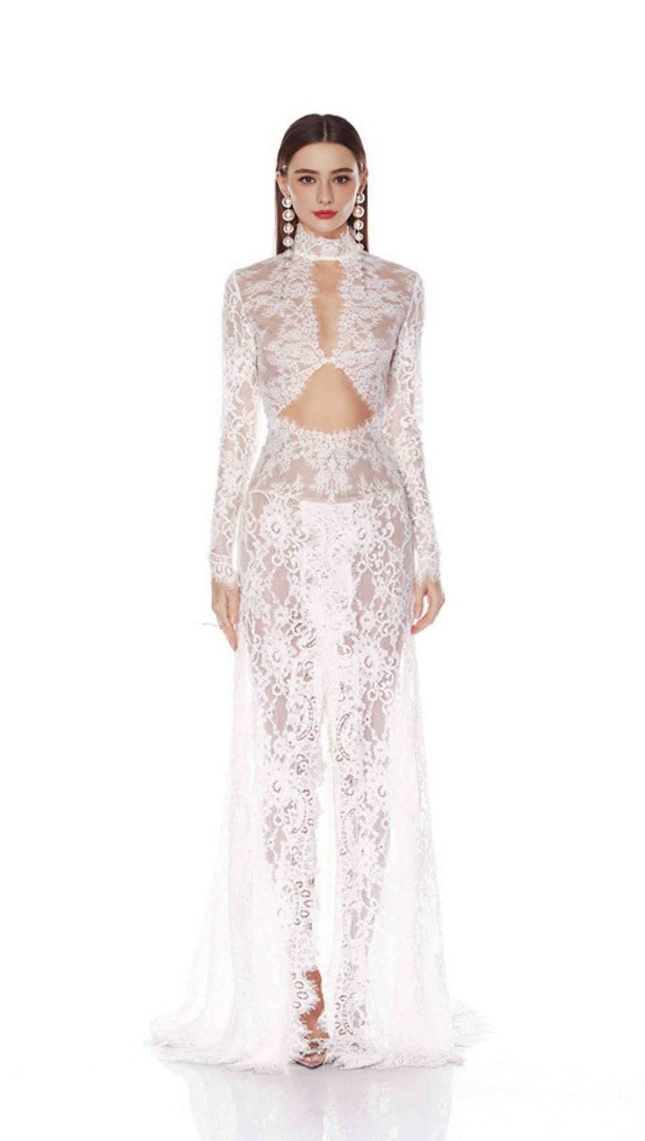 V-NECK LONG-SLEEVED LACE SHEER MAXI DRESS WHITE