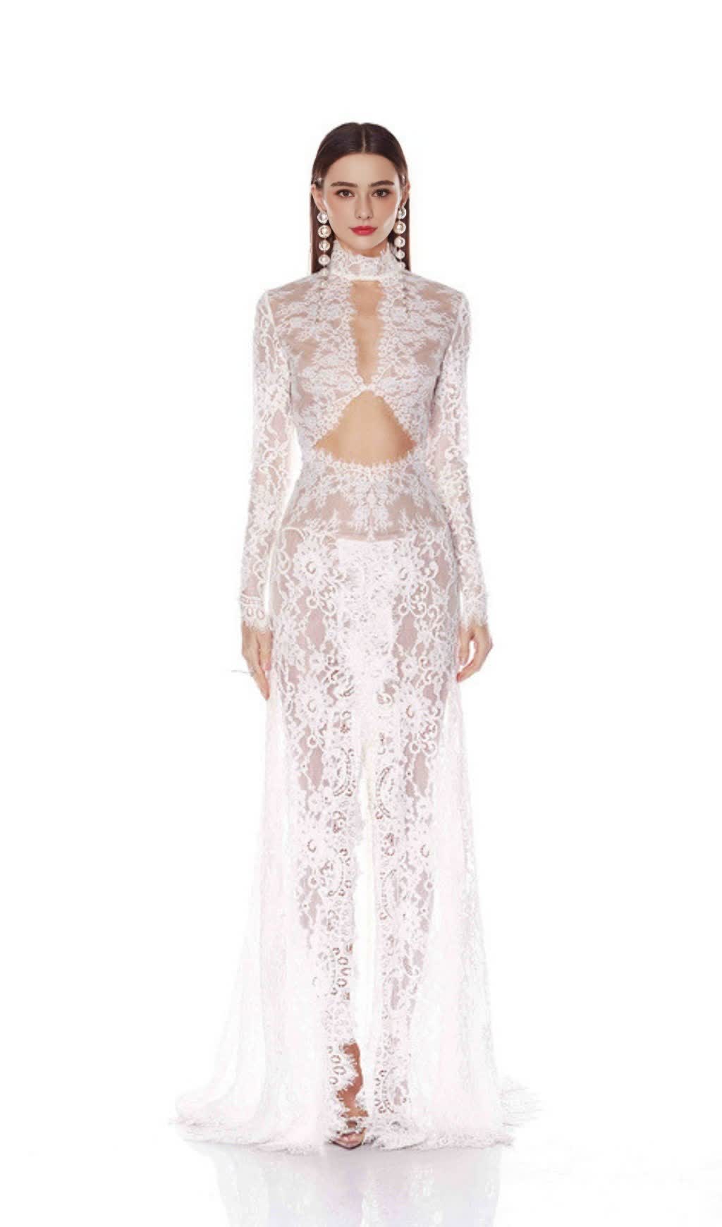V-NECK LONG-SLEEVED LACE SHEER MAXI DRESS WHITE