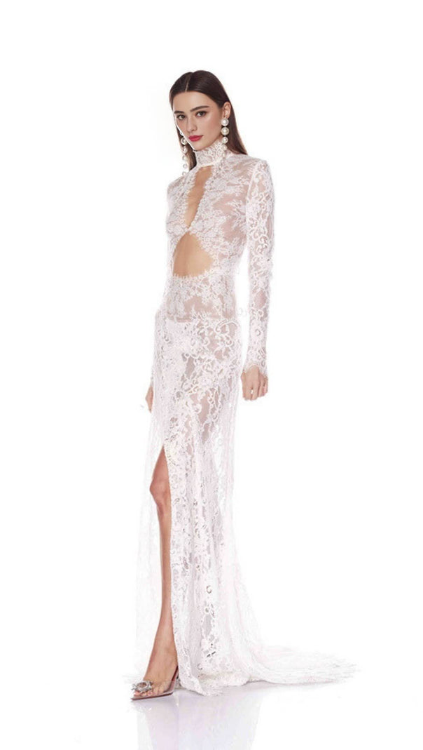 AIIZIE V-NECK LONG-SLEEVED LACE SHEER MAXI DRESS WHITE - product image