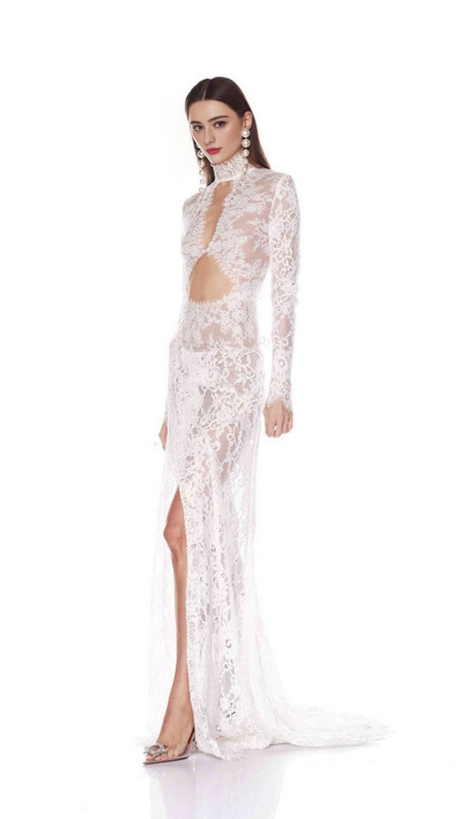 V-NECK LONG-SLEEVED LACE SHEER MAXI DRESS WHITE