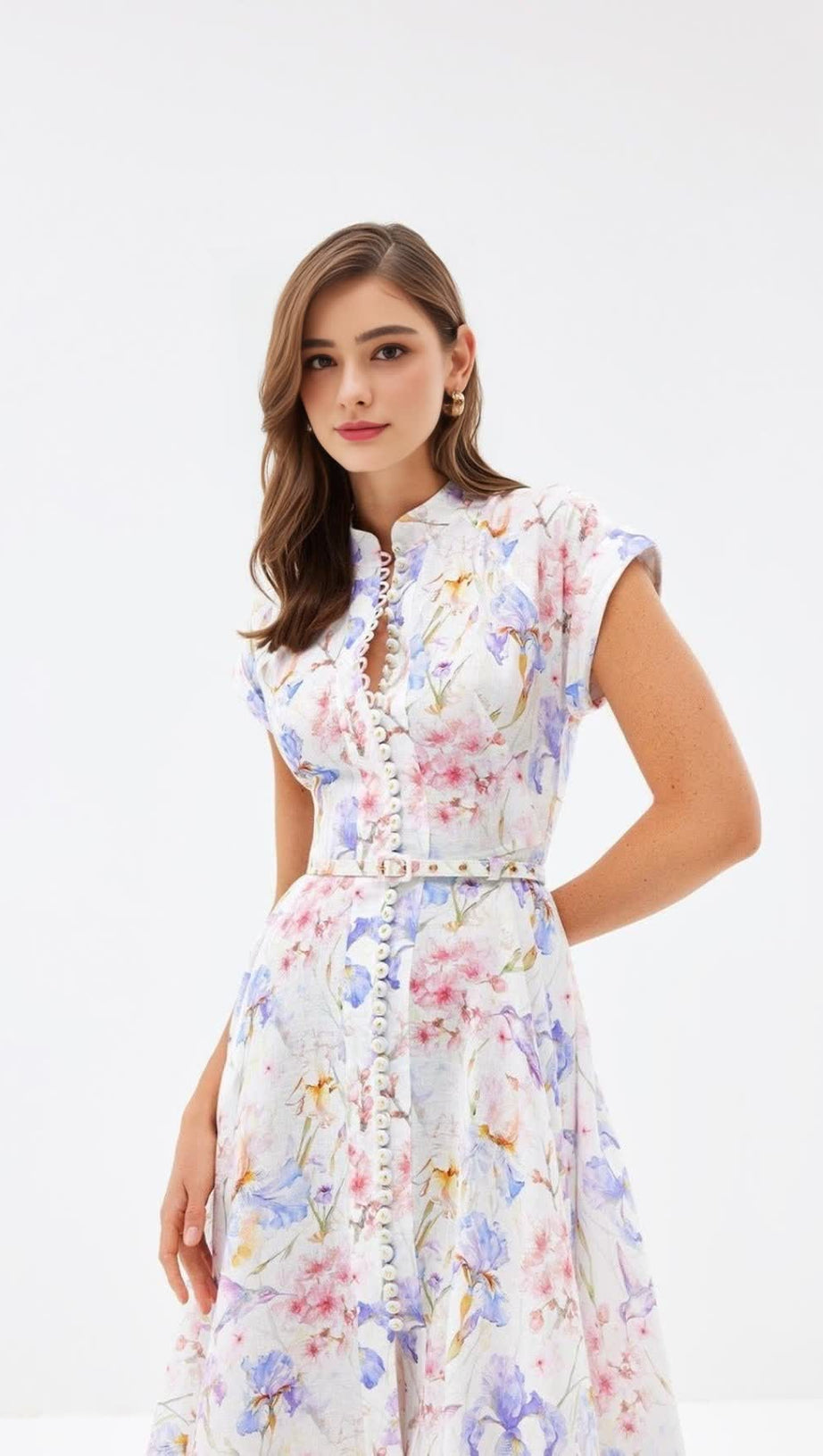 MULTICOLOR FLORAL PRINT A-LINE MIDI DRESS