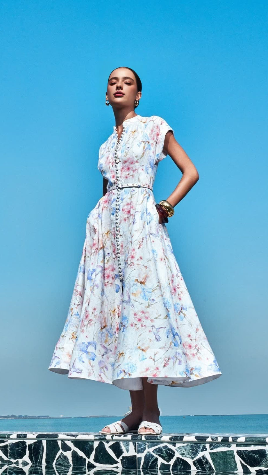 MULTICOLOR FLORAL PRINT A-LINE MIDI DRESS