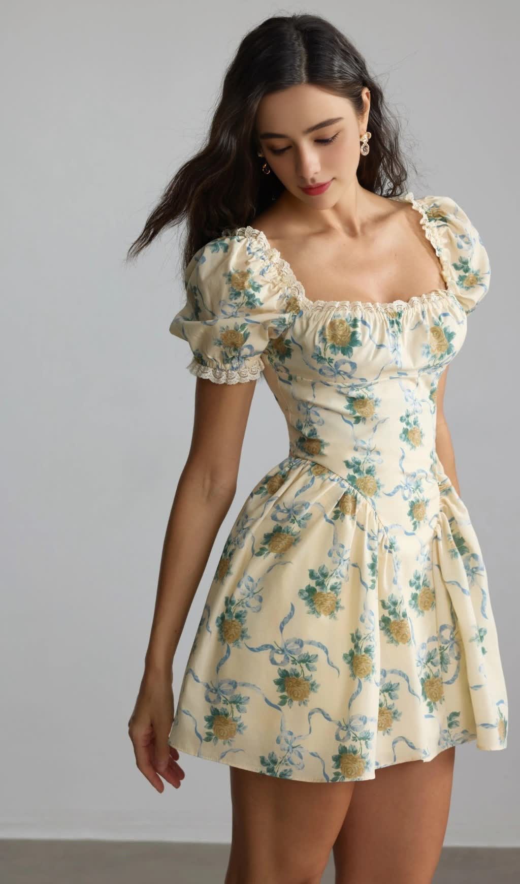 Beverly – Gelbes Minikleid mit eckigem Ausschnitt und Blumenmuster