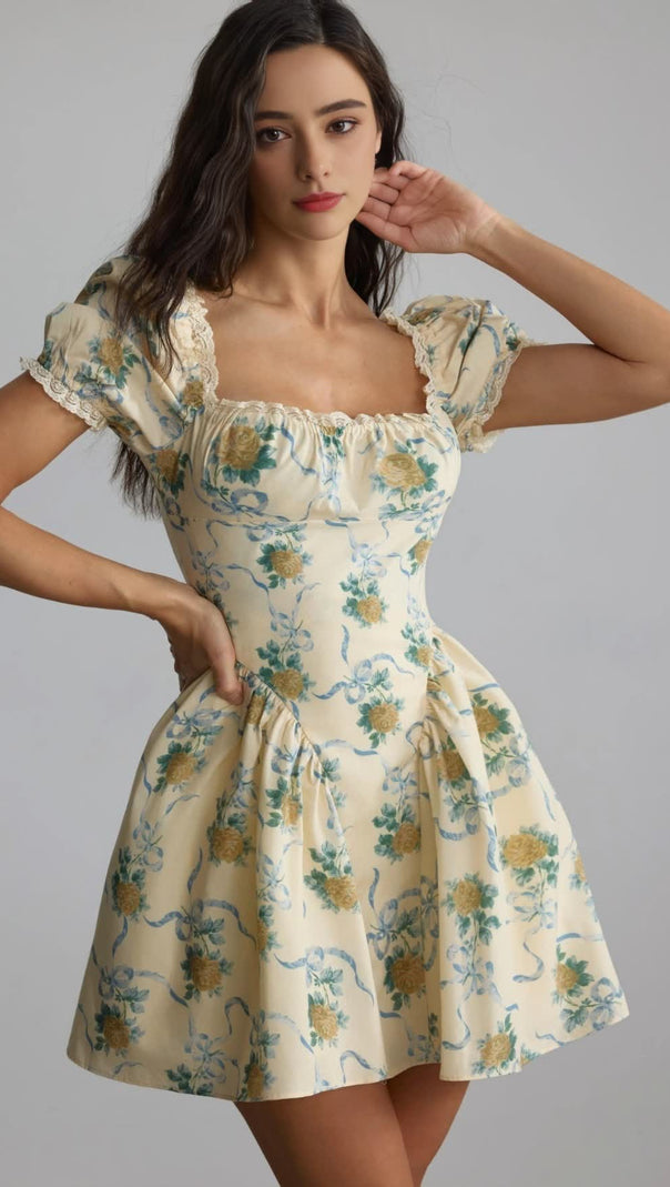 AIIZIE BEVERLY FLORAL PRINT SQUARE NECK MINI DRESS IN YELLOW - product image