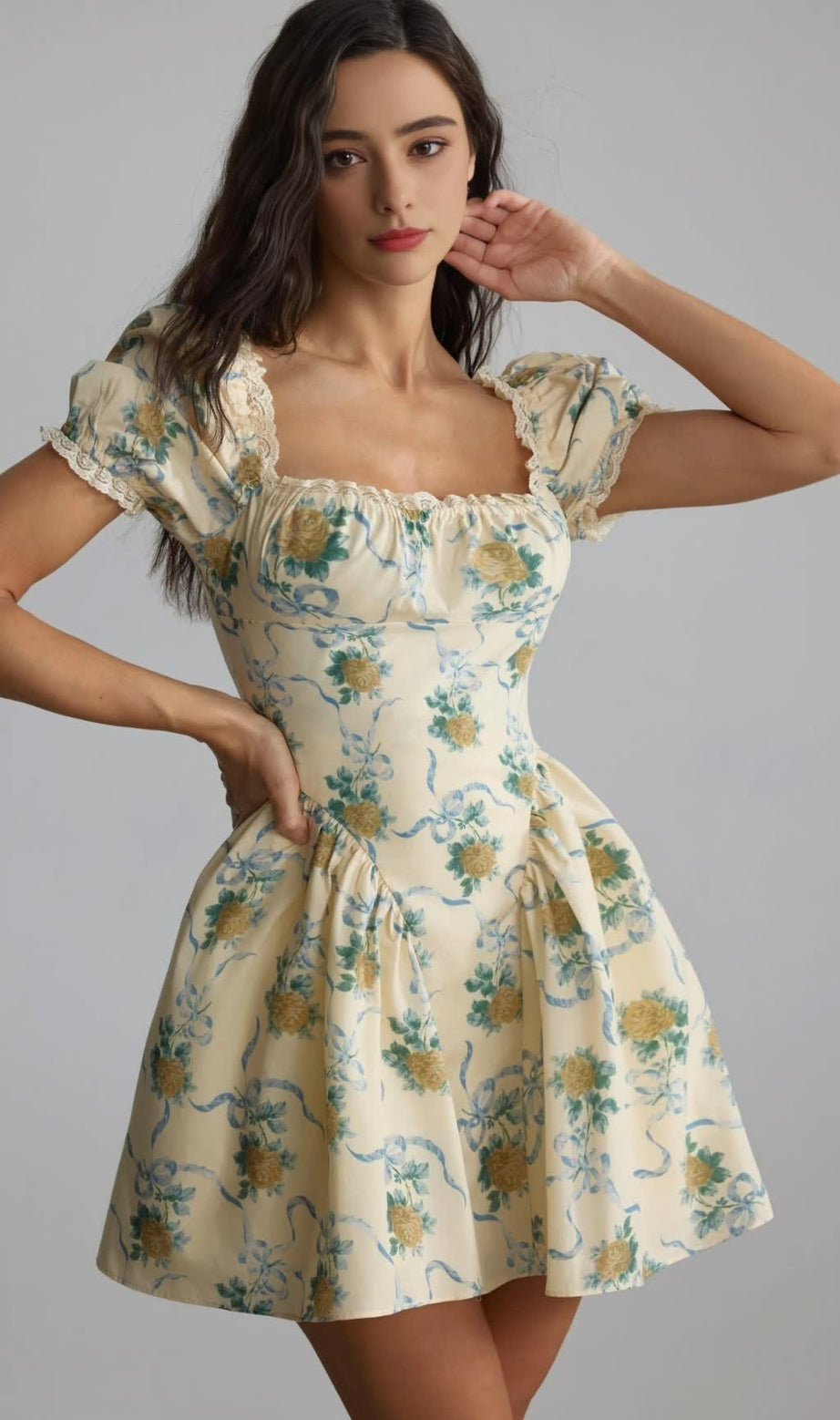 beverly Floral Print Square Neck Mini Dress in yellow