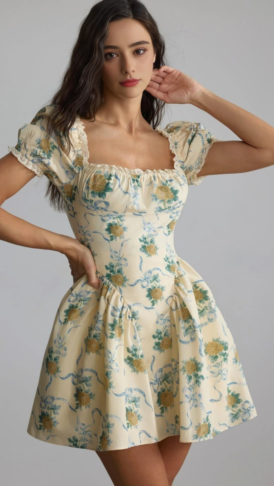 Beverly – Gelbes Minikleid mit eckigem Ausschnitt und Blumenmuster