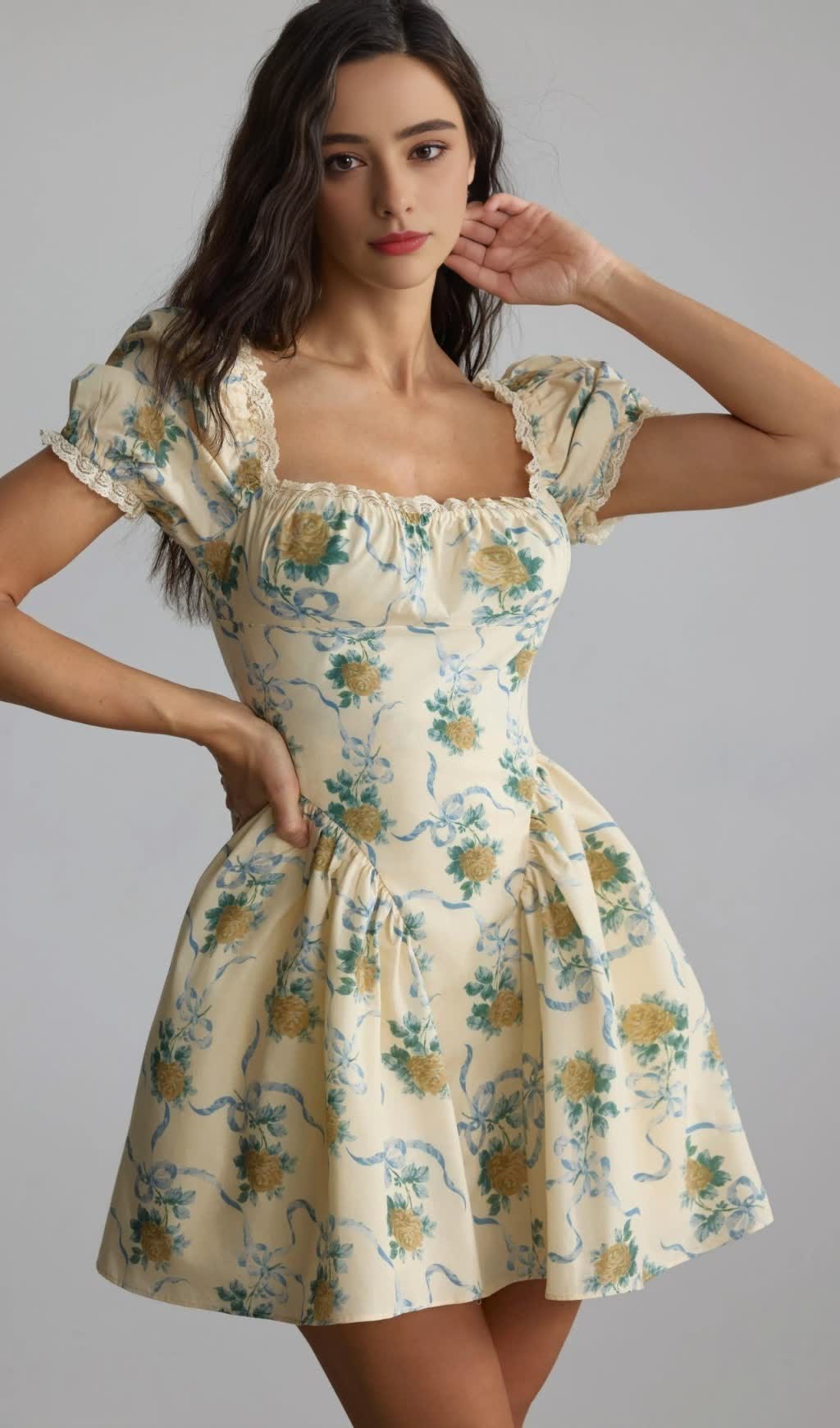 Beverly – Gelbes Minikleid mit eckigem Ausschnitt und Blumenmuster