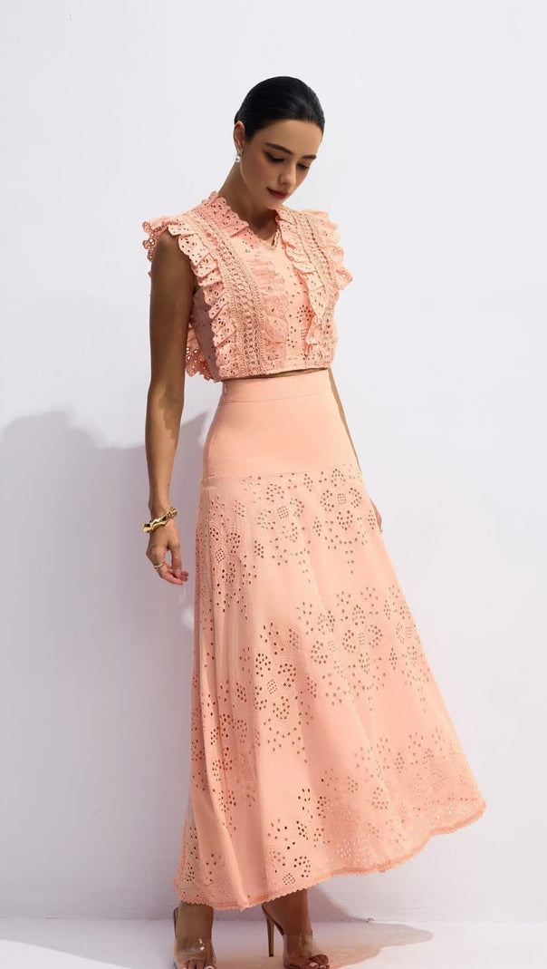 AIIZIE BONNIE V-NECK EMBROIDERY CROP TOP & SKIRT SET IN ORANGE - product image