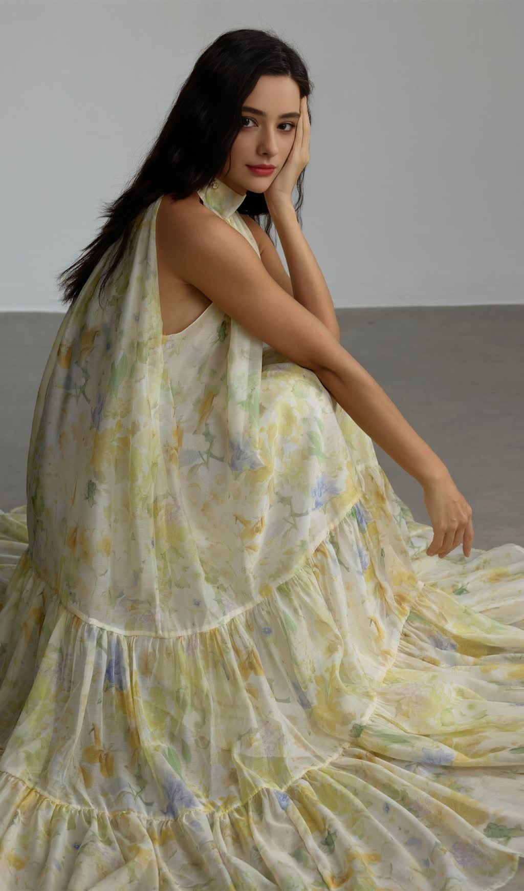 caroline Floral Print Sleeveless Maxi Dress in yellow