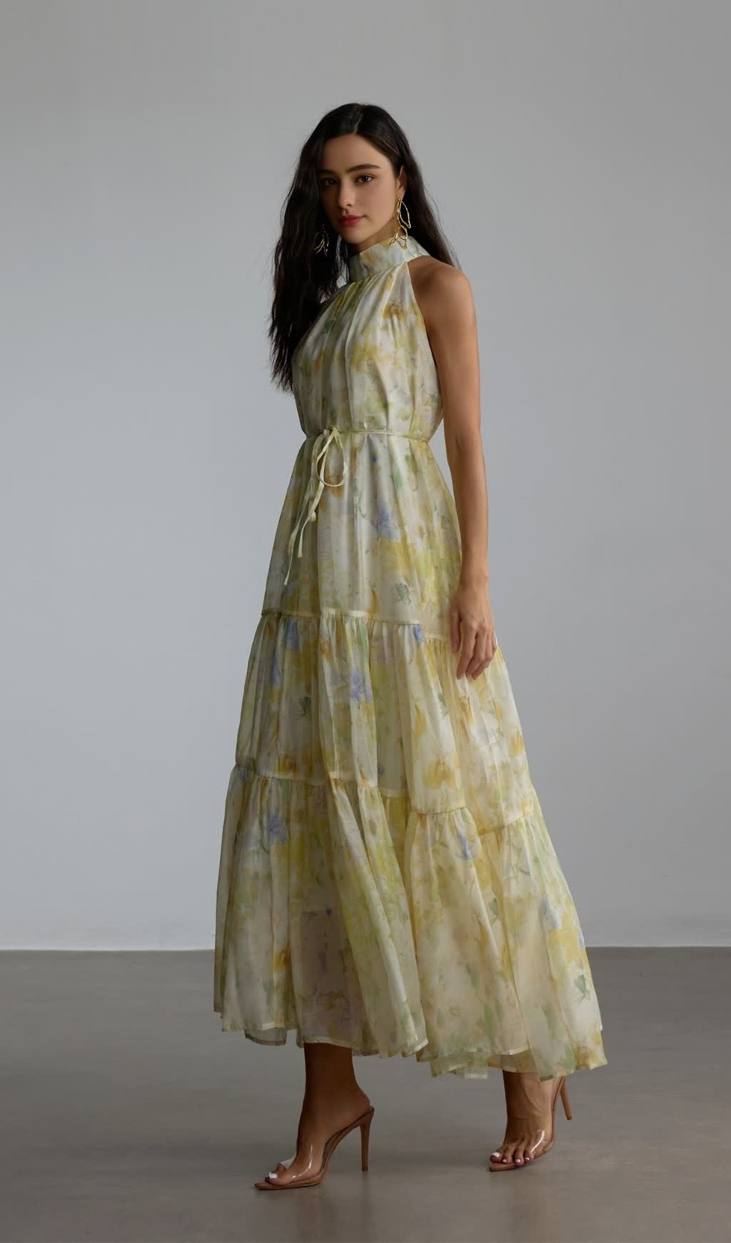 caroline Floral Print Sleeveless Maxi Dress in yellow
