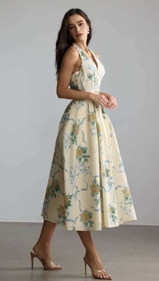 AIIZIE DEIRDRE FLORAL PRINT DEEP V NECK MIDI DRESS IN YELLOW - product image