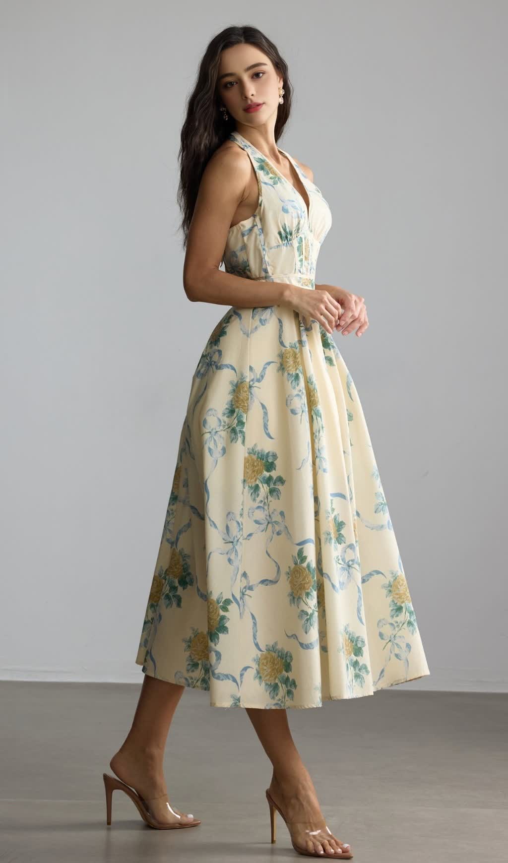 Deirdre – Gelbes Midikleid mit tiefem V-Ausschnitt und Blumenmuster