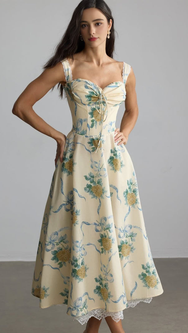 AIIZIE DAPHNE FLORAL PRINT SWEETHEART MIDI DRESS IN YELLOW - product image