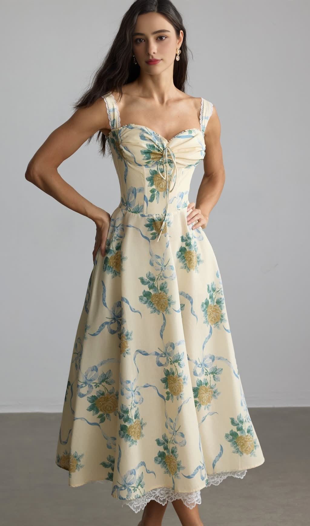 Daphne – Midikleid mit Herzausschnitt und Blumenmuster in Gelb