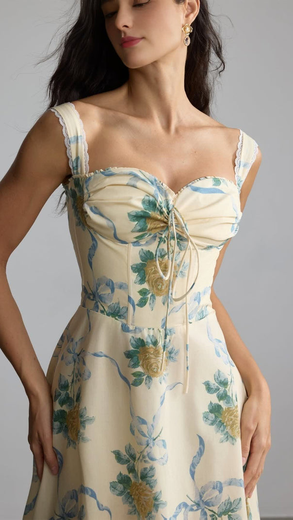 AIIZIE DAPHNE FLORAL PRINT SWEETHEART MIDI DRESS IN YELLOW - product image