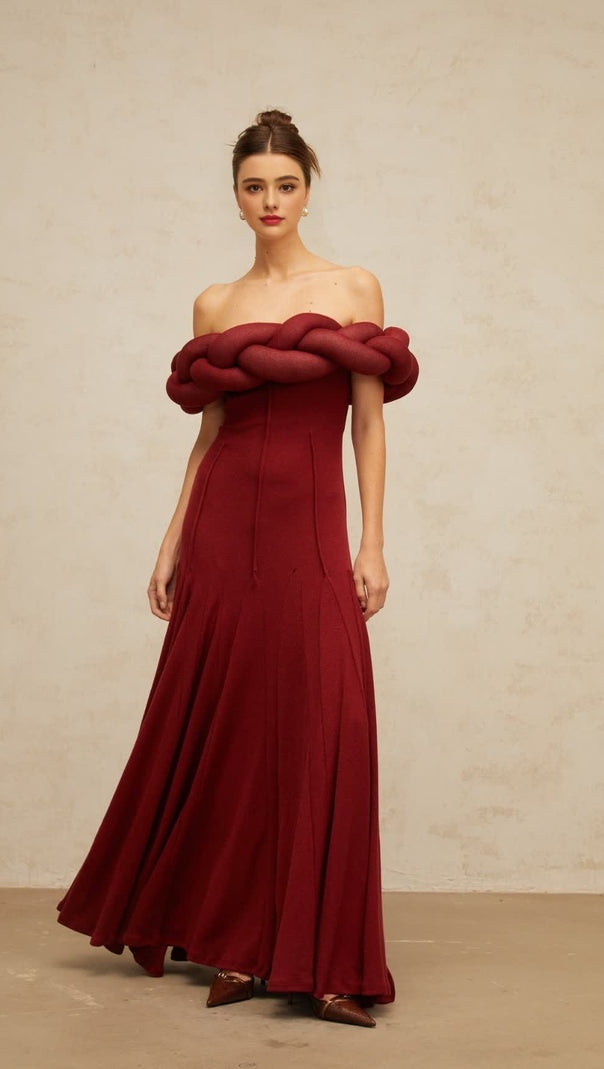 AIIZIE PADDED BRAIDED OFF-SHOULDER MAXI DRESS IN BURGUNDY - product image