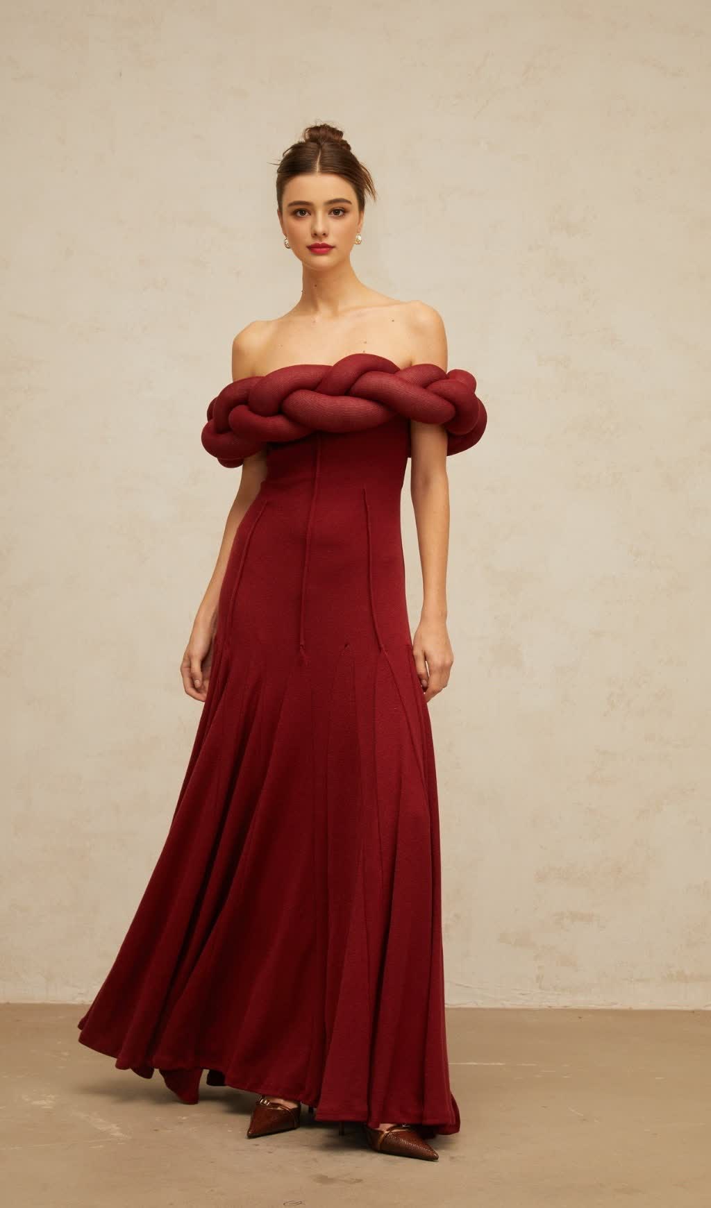 PADDED BRAIDED OFF-SHOULDER MAXI DRESS IN BURGUNDY