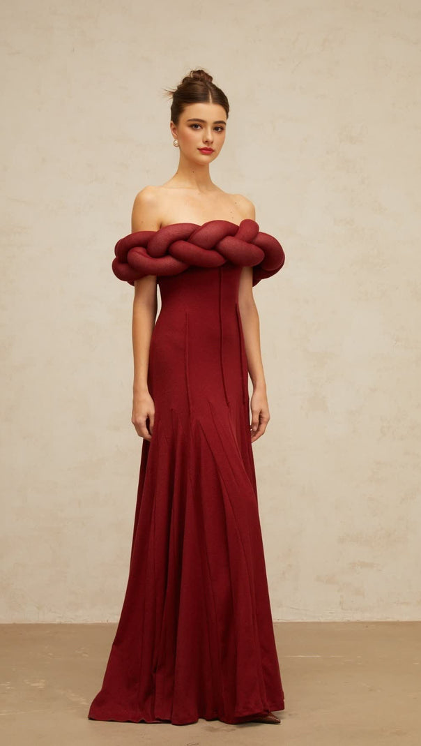 AIIZIE PADDED BRAIDED OFF-SHOULDER MAXI DRESS IN BURGUNDY - product image