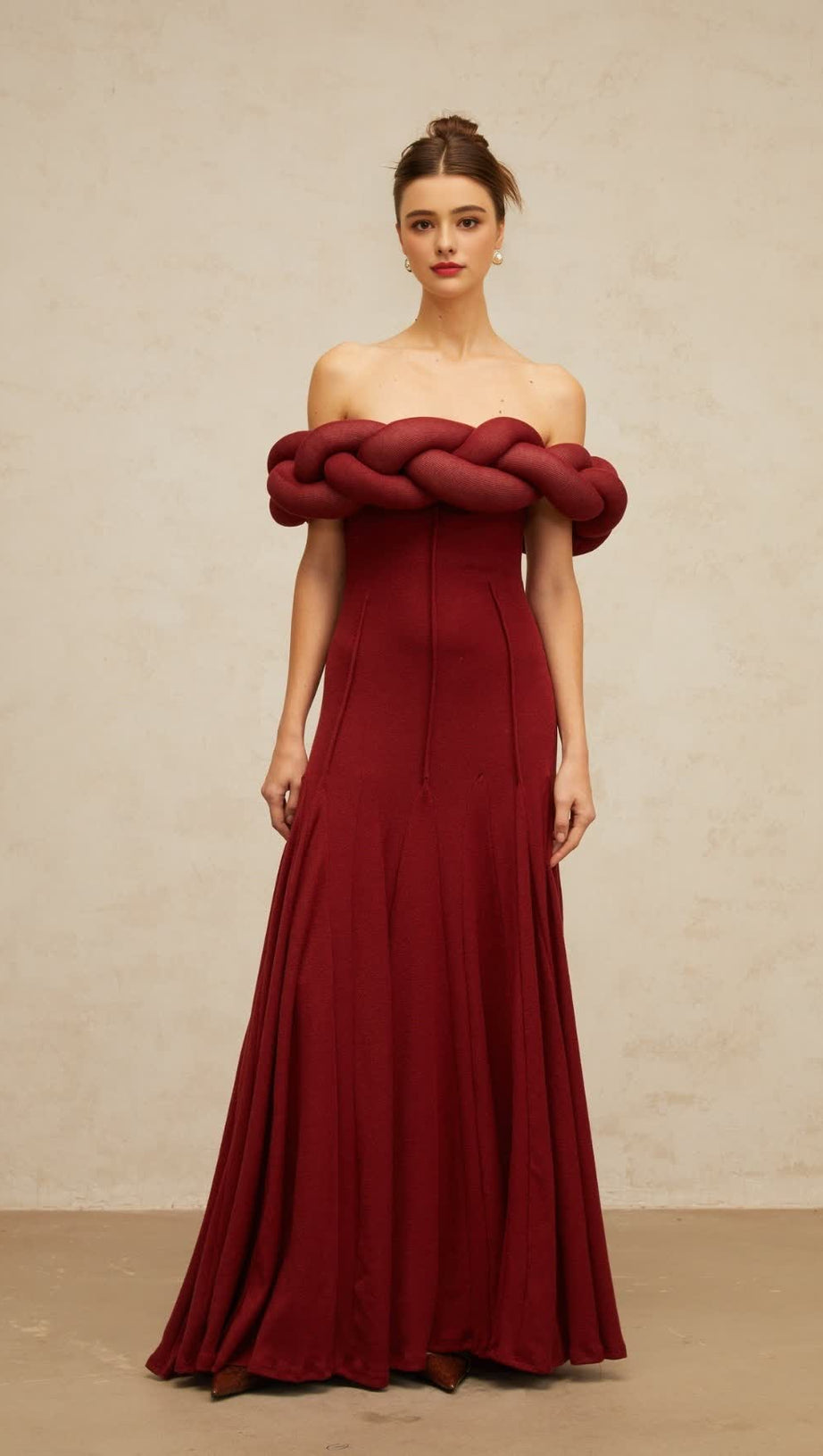 PADDED BRAIDED OFF-SHOULDER MAXI DRESS IN BURGUNDY
