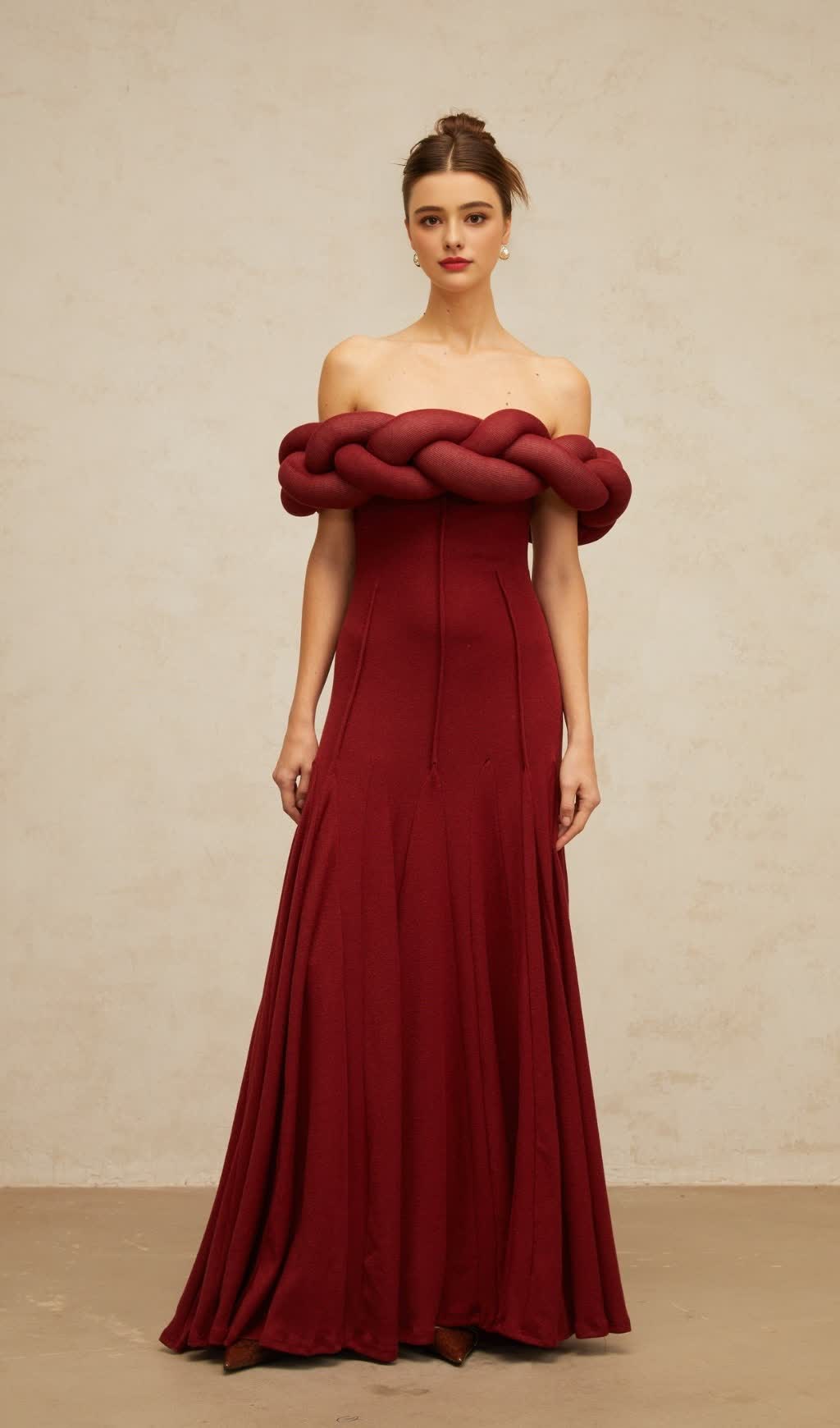 PADDED BRAIDED OFF-SHOULDER MAXI DRESS IN BURGUNDY