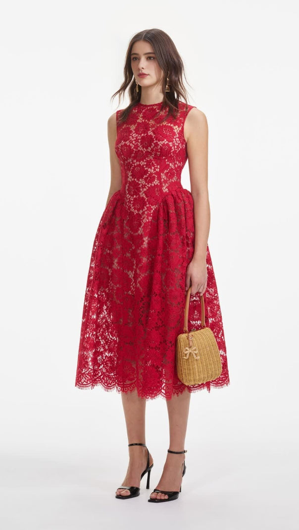 AIIZIE BRENDA LACE HOLLOW MIDI DRESS IN RED - product image