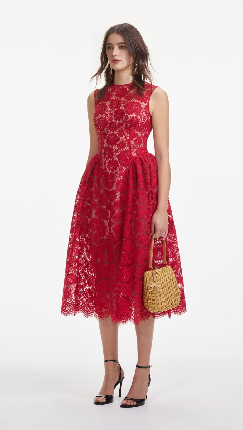 BRENDA LACE HOLLOW MIDI DRESS IN RED