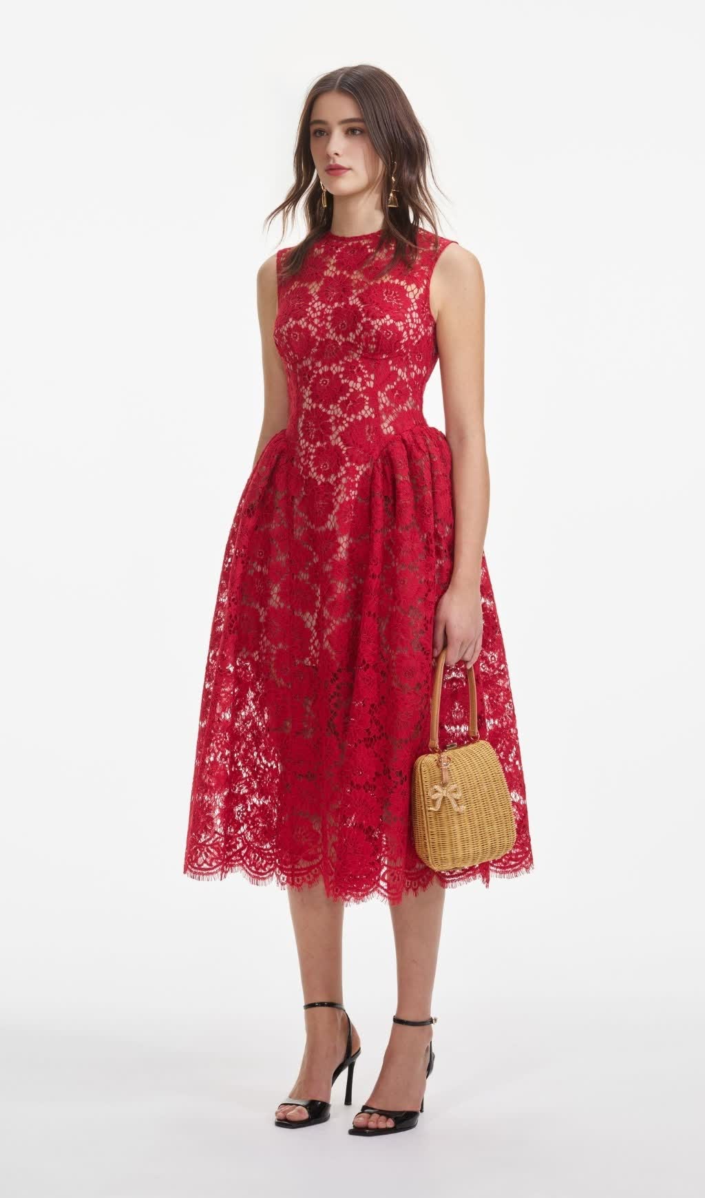 BRENDA LACE HOLLOW MIDI DRESS IN RED