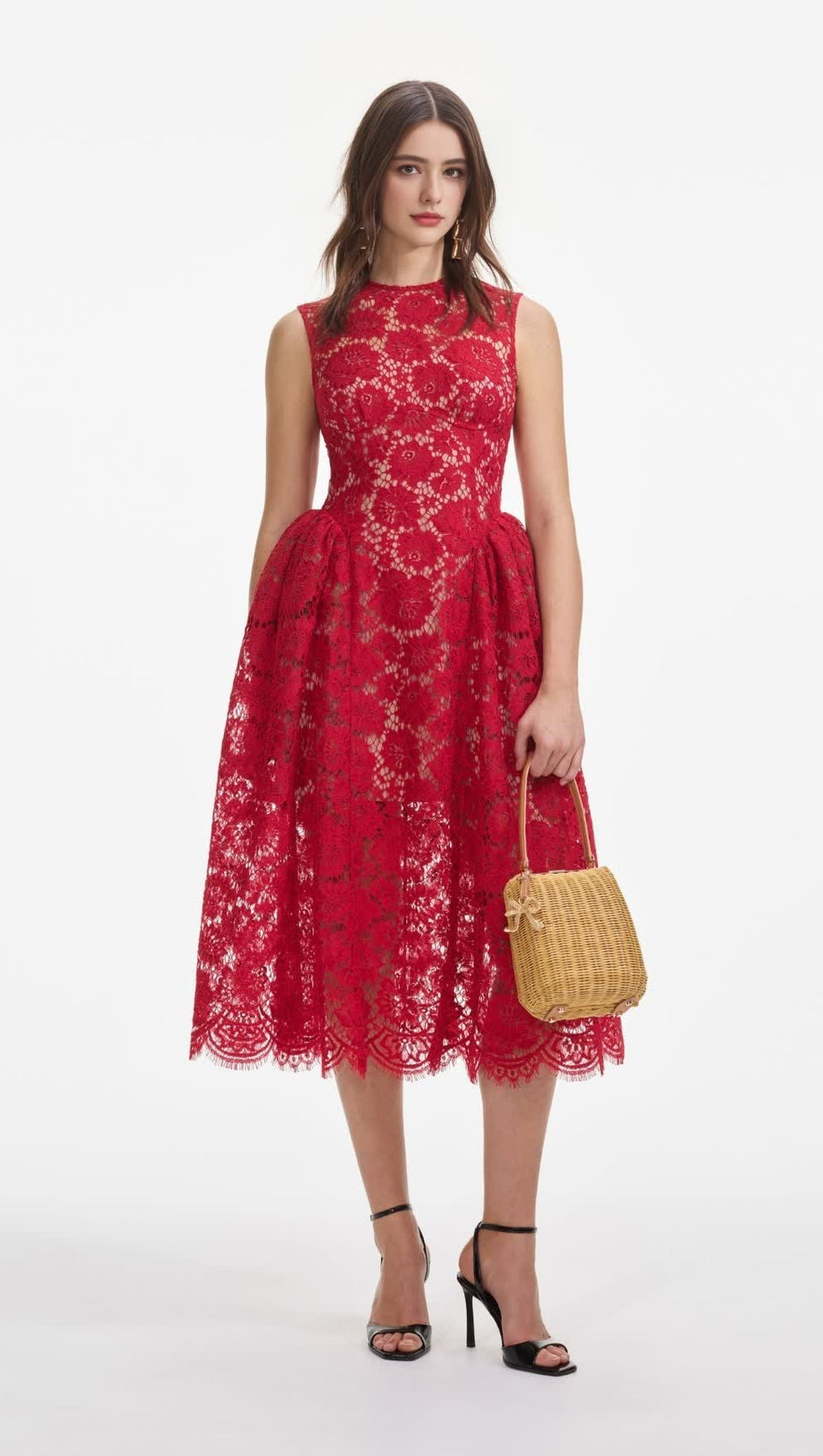 BRENDA LACE HOLLOW MIDI DRESS IN RED